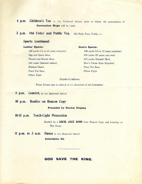 Coronation Prog 1937 p3.JPG - Celebration  for  the Coronation of  King George VI and Queen Elizabeth - May 12th 1937    Teas, Sports, Bonfire, Procession and Dance.  